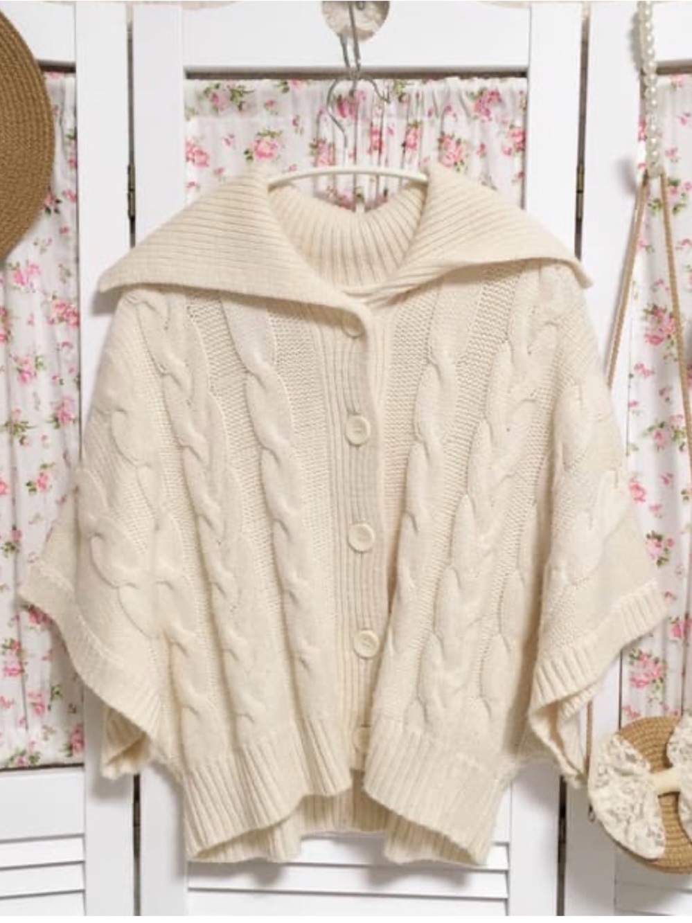 Cream Cable Knit Button-Front Sweater Cape